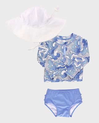 Girl's Ocean Camo-Print Rashguard W/ Sun Hat And Bloomers, Size 3M-2
