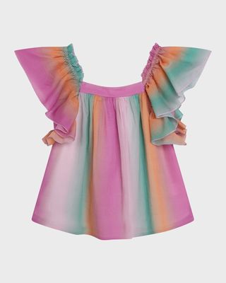 Girl's Ombre Flutter-Sleeve Blouse, Size 6-12