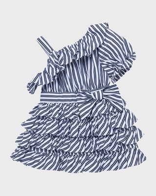 Girl's One-Shoulder Ruffle Striped Dress, Size 12M-24M