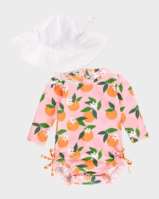Girl's Orange-Print Rashguard One-Piece Swimsuit and Hat Set, Size 0M-2T