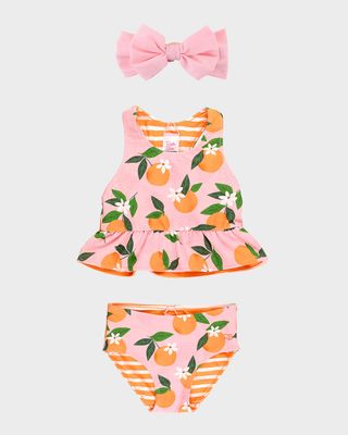 Girl's Orange Reversible Tankini Swimsuit and Bow Set, Size 3M-8