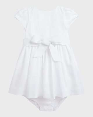 Girl's Ottoman-Rib Sash Bow Cotton Dress with Bloomers, Size 3M-24M