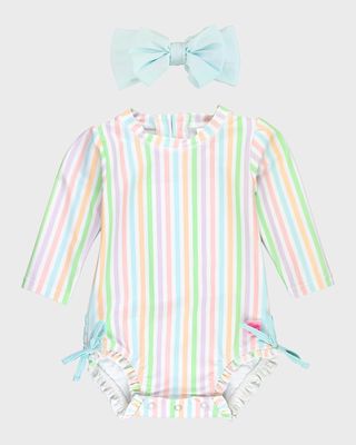 Girl's Pale Rainbow Stripe One-Piece Swimsuit and Bow Set, Size 0M-3T