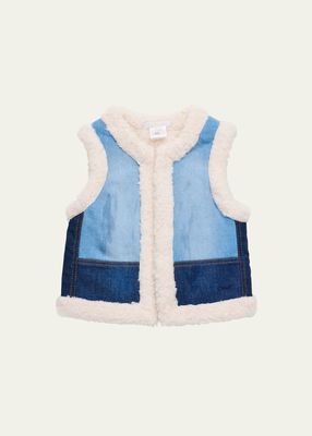 Girl's Patched Denim Vest with Sherpa Lining, Size 4-6