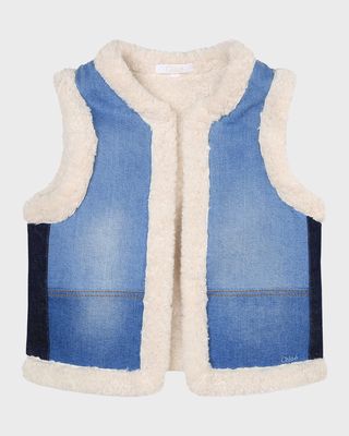 Girl's Patched Denim Vest with Sherpa Lining, Size 8-14