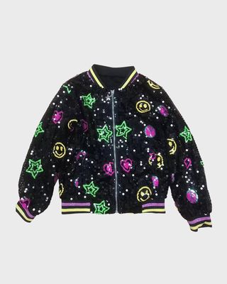 Girl's Peace and Love Sequin Bomber Jacket, Size 2-14