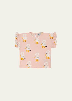 Girl's Pelican-Print Ruffle Trim Shirt, Size 6M-24M