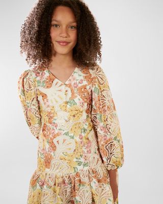 Girl's Perdita Broderie Floral-Print Dress, Size 4-14