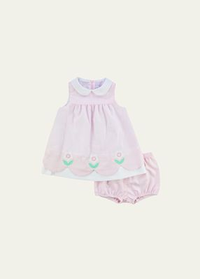Girl's Pink Linen Look Dress and Bloomer Set with Flowers