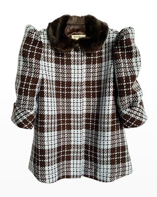 Girl's Plaid Coat W/ Faux Fur Collar, Size 7-14