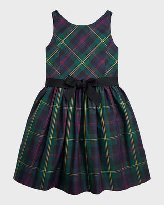 Girl's Plaid-Print Dress W/ Bow, Size 7-16