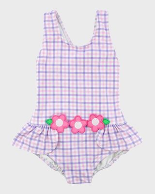 Girl's Plaid-Print Swimsuit W/ Flowers, Size 2-6X