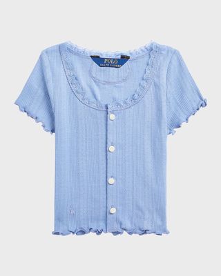 Girl's Pointelle Knit Lace Trim Cardigan, Size 5-6X