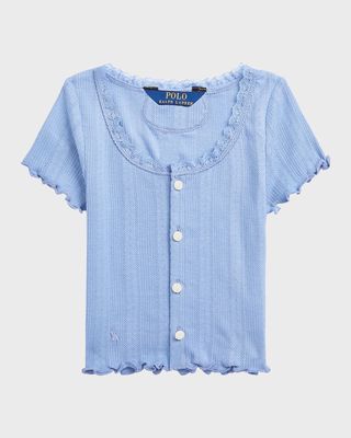 Girl's Pointelle Knit Lace Trim Cardigan, Size S-XL