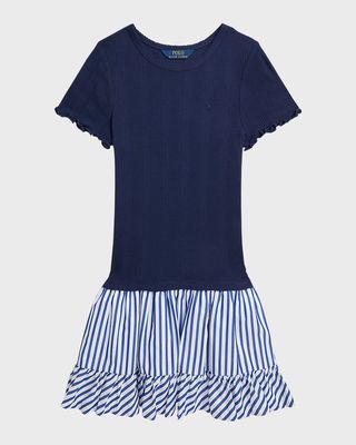 Girl's Pointelle Rib and Stripe Short-Sleeve Dress, S-XL