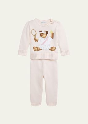 Girl's Polo Bear Intarsia Cotton Sweater and Pants Set, Size 3M-24M