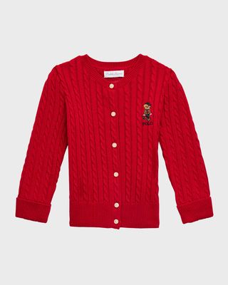 Girl's Polo Bear Mini Cable Knit Cardigan, Size 3M-24M