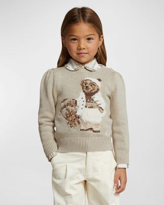 Girl's Polo Bear Printed Wool Sweater, Size 2-6X