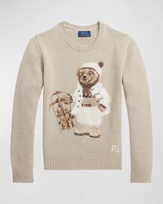 Girl's Polo Bear Printed Wool Sweater, Size S-XL