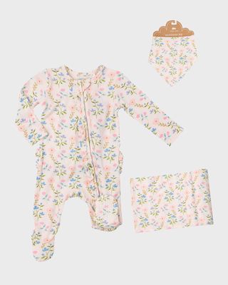 Girl's Pretty Floral Zip-Up Footie w/Bandana Bib and Blanket, Size Newborn-9M