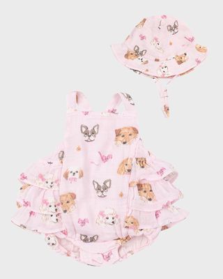 Girl's Puppy Faces Ruffle Sunsuit and Sunhat, Size Newborn-24M