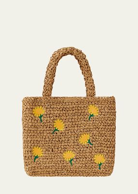 Girl's Raffia Tote Bag with Sunflowers Embroidery