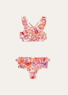 Girl's Raie Floral-Print Frill Two-Piece Swimsuit, Size 4-12