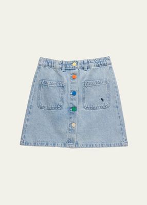 Girl's Rainbow Button Denim Skirt, Size 2-13