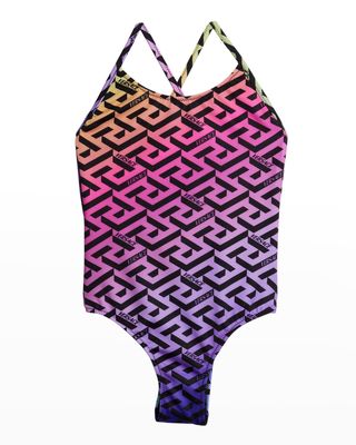 Girl's Rainbow Greca-Print One-Piece Swimsuit, Size 4-6