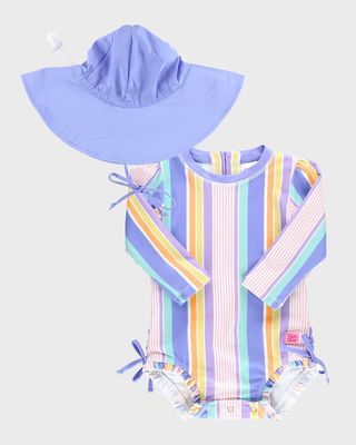 Girl's Rainbow Lane-Print Rashguard And Sun Hat, Size 3M-2