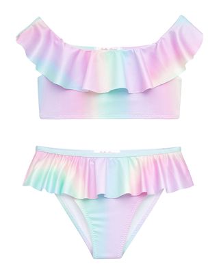 Girl's Rainbow Pastel Ruffle Two-Piece Bikini Set, Size 4-14