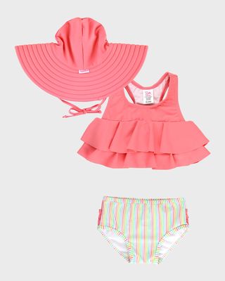 Girl's Rainbow Striped Swimsuit Set W/ Sun Hat, Size 3M-8