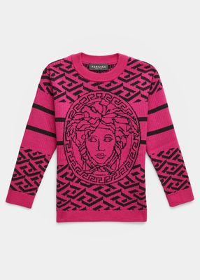 Girl's Ribbed Greca-Print Medusa Head Sweater, Size 4-6