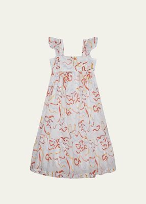 Girl's Ribbon-Print Organic Cotton Midi Dress, Size 8-14