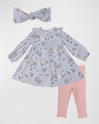 Girl's River Swans Dress, Leggings & Headband Set, Size 6-24 Months