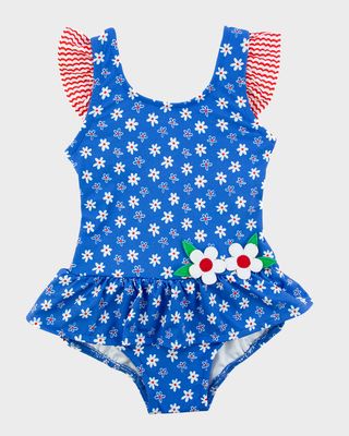 Girl's Royal Daisy-Print Swimsuit W/ Flowers, Size 2-6X