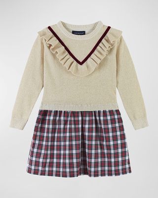 Girl's Ruffle Sweater Check-Print Dress, Size 2-6X