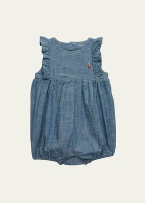 Girl's Ruffle Trim Embroidered Chambray Romper, Size 3M-24M