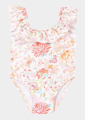Girl's Ruffle Trim Floral Swimsuit, Size 6M-12M