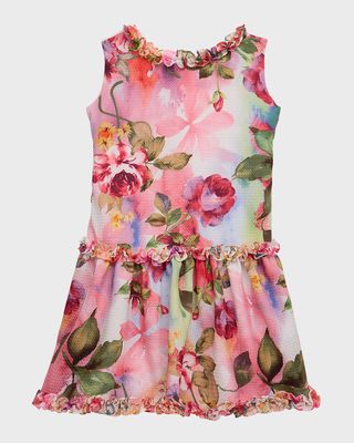 Girl's Ruffled Sleeveless Textural Floral Knit Dress, Size 2-6