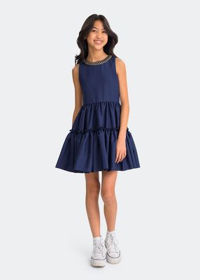 Girl's Sara Tiered Dress with Chain Necklace, Size 7-16
