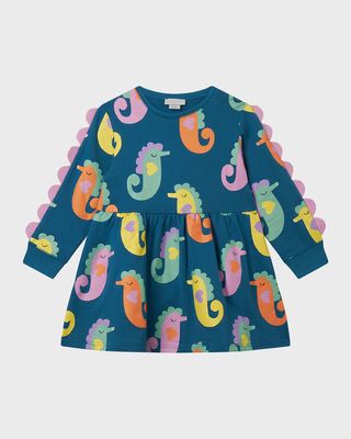 Girl's Seahorses Printed Long-Sleeve Dress, Size 4-8