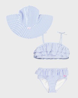 Girl's Seersucker Bow Two-Piece Swimsuit and Hat Set, Size 3M-8