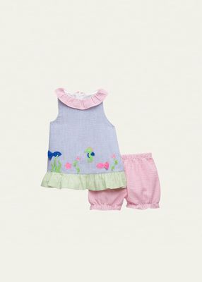 Girl's Seersucker Embroidered Dress W/ Bloomers, Size 6M-24M