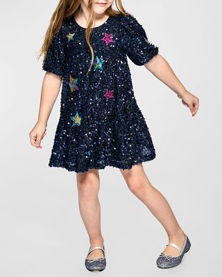 Girl's Sequin Star-Print Dress, Size 4-6