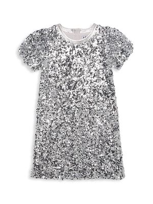 Girl's Sequinned Short-Sleeve Midi-Dress - Silver - Size 7