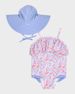 Girl's Shimmer On One-Piece Swimsuit and Hat Set, Size 3M-8