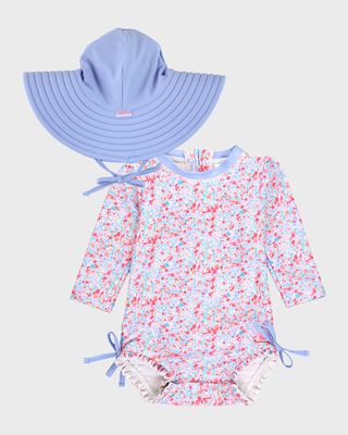 Girl's Shimmer One-Piece Rashguard Swimsuit and Hat Set, Size 0M-3T