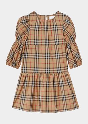 Girl's Shirley Puff-Sleeve Check Dress, Size 3-14