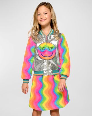 Girl's Smile Rainbow Faux-Fur Bomber, Size 7-10